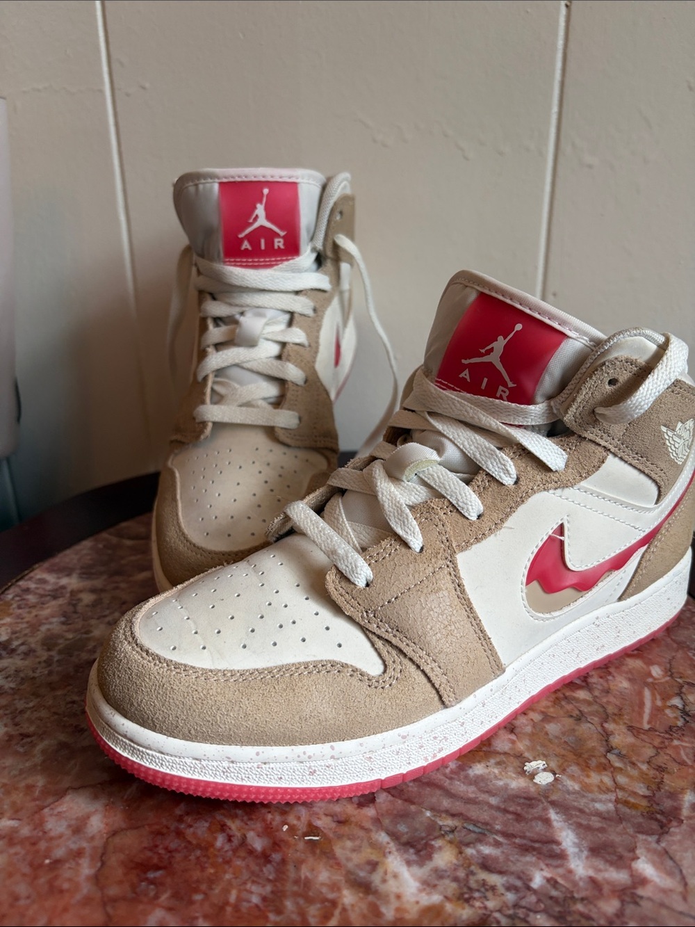 Nike Air Jordan 1 Mid Tan & Red drip Accent Sneakers